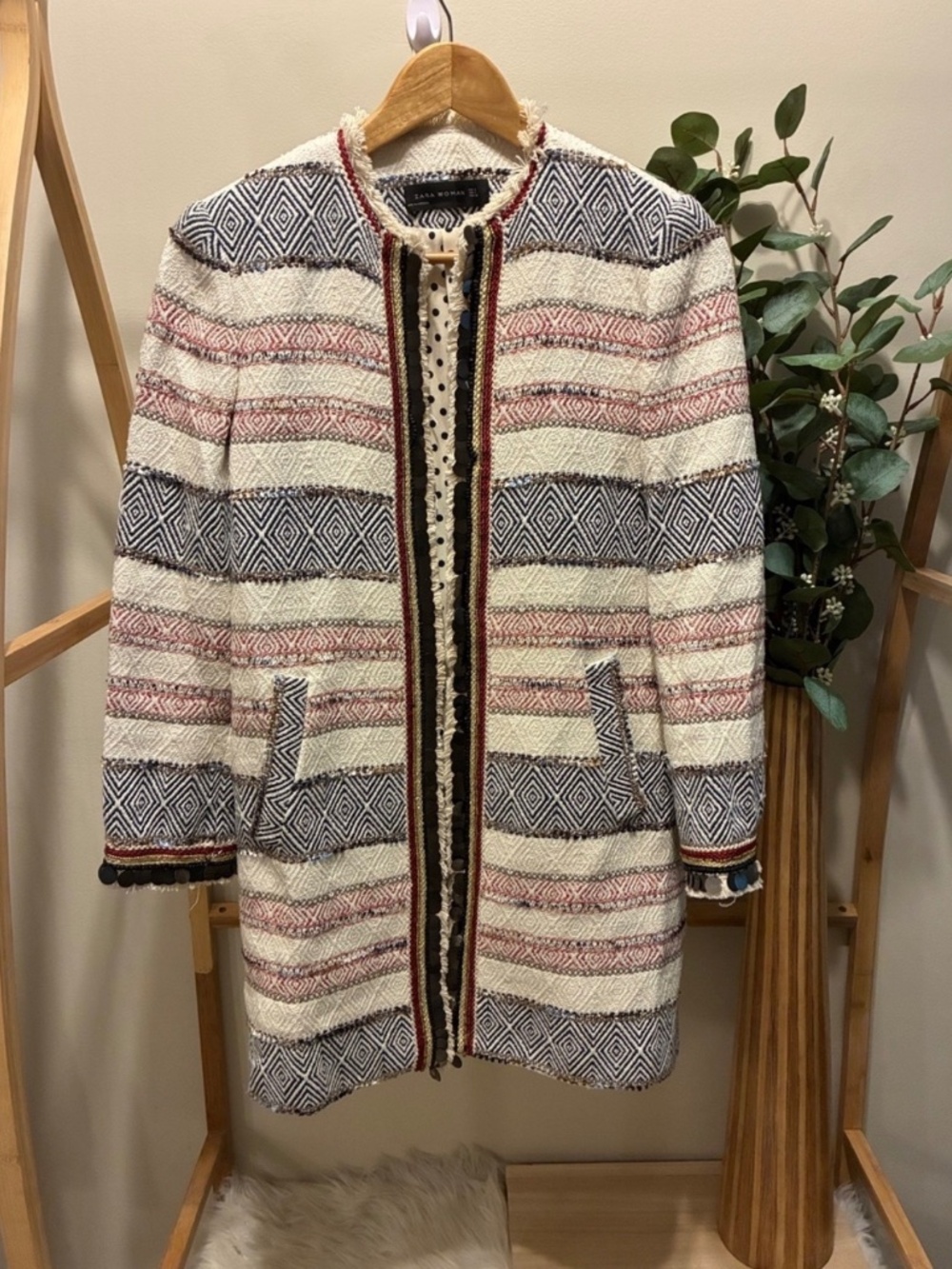 Zara Striped Ivory Textured Coat